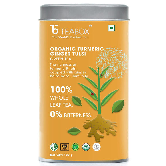 Teabox Organic Turmeric Ginger Tulsi Green Tea Loose Leaves 100 Grams | For Immunity Boosting & Sore Throat Prevention | Made with 100% Whole Leaf, Natural Ginger, Turmeric & Tulsi
