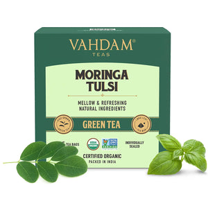 VAHDAM Organic Moringa Tulsi Green Tea- 15 Tea Bags | 100% Natural Ingredients | Health benefits of MORINGA + BASIL | Pure & Refreshing HERBAL GREEN TEA blend | Better Infusion | Superfood Medicinal Tea