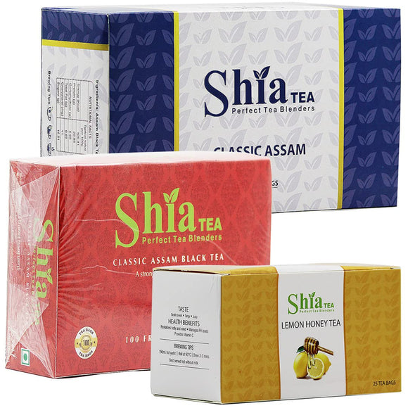 Shia Tea Organic Honey Lemon Tea, Assam Black Tea Box and Classic Assam Black Tea | 3 in one Pack.