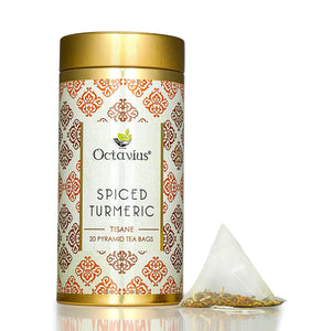 Octavius Spiced Turmeric Tea Pyramid Tea Bags Tin | Caffeine Free Digestive Herbal Tea for Weight Loss | Turmeric Blended with Indian Spices | Immunity Boosting Detoxifying Tea - 20 Tea Bags