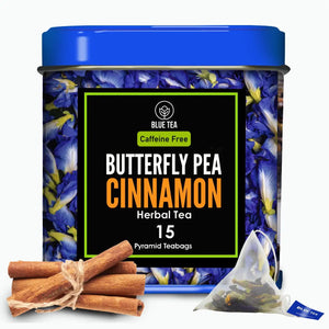 BLUE TEA - Butterfly Pea Flower Cinnamon - 15 Pyramid Tea Bags | Premium Tin Pack | Makes Natural Blue Purple Pink Iced Tea, Cooler| Herbal Tea - Tisane - High on Anti Oxidants