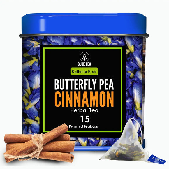 BLUE TEA - Butterfly Pea Flower Cinnamon - 15 Pyramid Tea Bags | Premium Tin Pack | Makes Natural Blue Purple Pink Iced Tea, Cooler| Herbal Tea - Tisane - High on Anti Oxidants