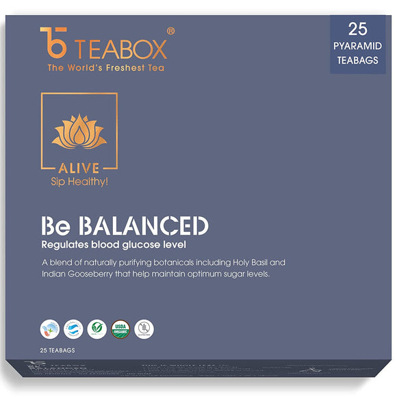 Teabox Be Balanced Herbal Tea Bags 25 Pieces | 0% Caffeine Wellness Tea for Natural Sugar Level Control | Made with Indian Gooseberry, Bitter Gourd and Exotic Ayurvedic Herbs