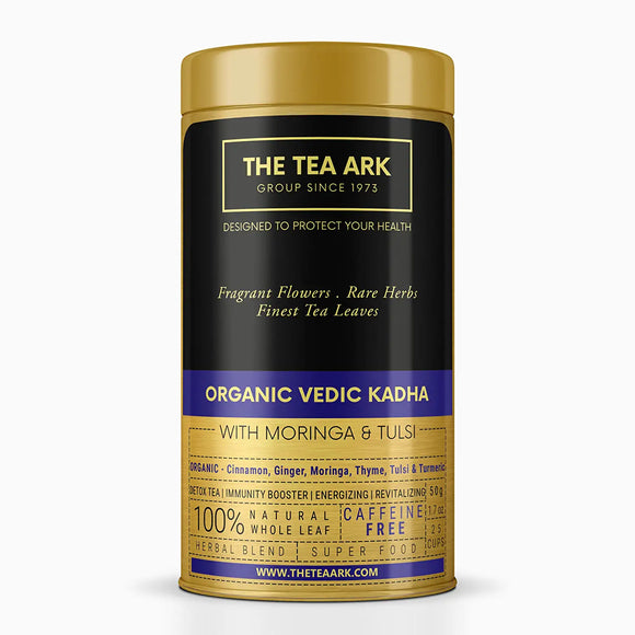 The Tea Ark Vedic Kadha Tea Pouch Pack, Organic Ingredients - Turmeric, Moringa, Ginger Tulsi, Thyme, Cinnamon, Herbal Tea for Cold Cough, Kadha Mix for Immunity Booster (25 Cups) (Tin)