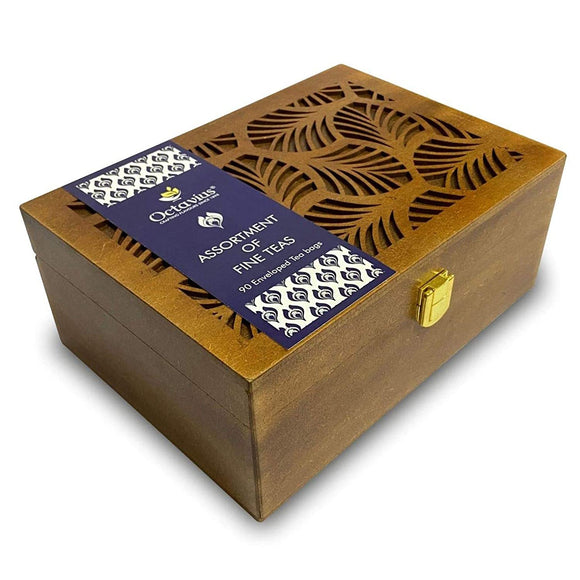Octavius Assortment of Fine Black & Green Teas in Handcrafted Carved Wooden Gift Box - 90 Enveloped Teabsgs | Tea Gift Set For Tea Lovers | Perfect Gift Hamper For Family, Friends And Corporate