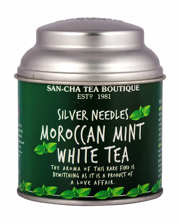 Sancha Tea Boutique, Moroccan Mint White Tea, Silver Needles White Tea, Low Caffeine Tea, 75 Cups+, Mint Tea, Herbal Tea for PCOS & PCOD