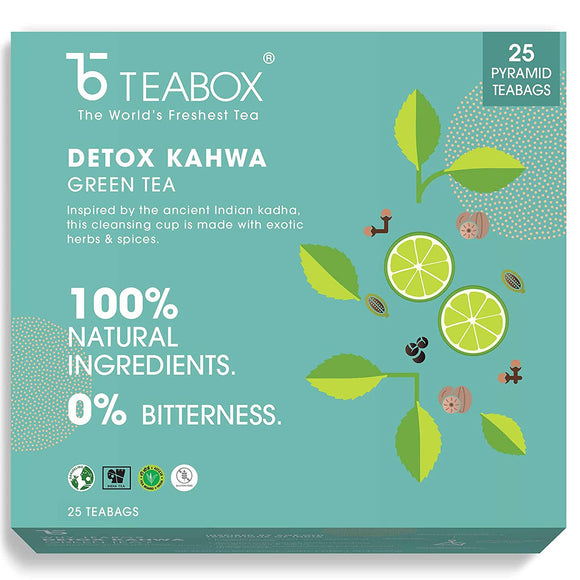 Teabox Detox Kahwa Green Tea Bags 25 Pieces | For Natural Body Cleanse & Cold Relief | Made with 100% Indian Herbs & Spices