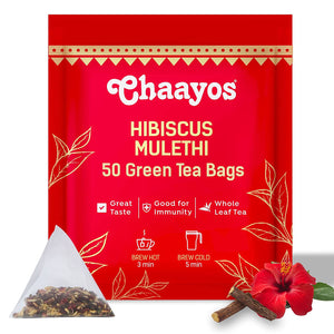 Chaayos Hibiscus Mulethi Green Tea - 50 Hibiscus Green Tea Bags | Hibiscus Flowers with Green Tea Leaves | Whole Leaf Tea | 100% Organic Green Tea | Detox Tea | Pyramid Tea Bags