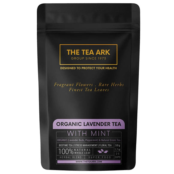 The Tea Ark Organic Lavender & Peppermint Tea, with Natural Green Tea, Herbal Bedtime Tea for Sleep, Stress Management for Men Women (25 Cups), 50 Gms (Pouch)