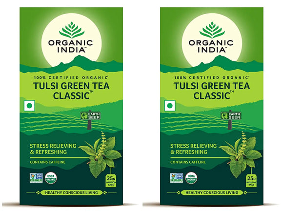 Organic India Tulsi Green Tea Classic, 25 Infusion Bags (Pack of 2)