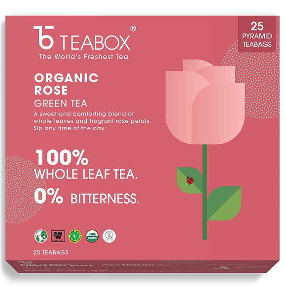 Teabox Rose Green Tea Bags 25 Pieces | For Glowing Skin | Made with 100% Whole Leaf & Natural Rose Petals | 2 Free Samples Included