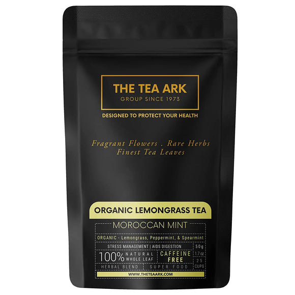 The Tea Ark Lemongrass Tea with Moroccan Mint (Spearmint) & Peppermint, Caffeine Free Herbal Tea, for Stress Relief, Daily Detox & Digestion Support (25 Cups), 50 Gms (Pouch)