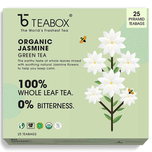 Teabox Organic Jasmine Green Tea Bags 25 Pieces | For Calm Mind | Made with 100% Whole Leaf, Natural Jasmine Flowers & Natural Flavors |