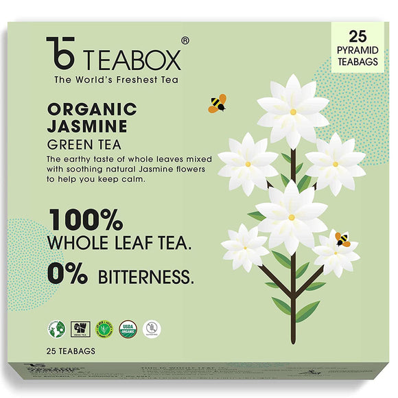 Teabox Organic Jasmine Green Tea Bags 25 Pieces | For Calm Mind | Made with 100% Whole Leaf, Natural Jasmine Flowers & Natural Flavors |