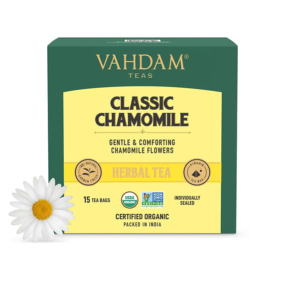 VAHDAM, Organic Classic Chamomile Tea Bags - 15 Herbal Tea Bags | 100% Whole Leaf | Stress Relieving and Calming Tea | Sleep Tea, USDA Certified