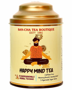 Sancha Tea Boutique Happy Mind Tea, Caffeine Free Herbal Tea Bags, (Pack of 25) Pyramid Tea Bags, Plastic Free Tea Bags, All Natural Herbs for an Alert Mind, Indian Ginseng Tea