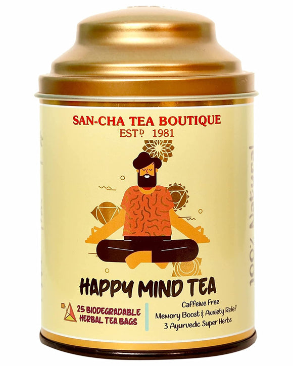 Sancha Tea Boutique Happy Mind Tea, Caffeine Free Herbal Tea Bags, (Pack of 25) Pyramid Tea Bags, Plastic Free Tea Bags, All Natural Herbs for an Alert Mind, Indian Ginseng Tea