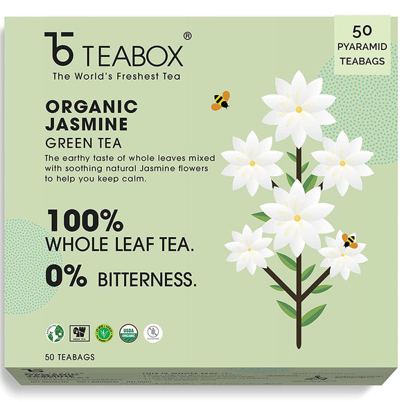 Teabox Organic Jasmine Green Tea for Calm Mind, Made with 100% Whole Leaf & Natural Flavors, 52 Pyramid Tea Bags (50 Tea Bags + 2 Free Samples)