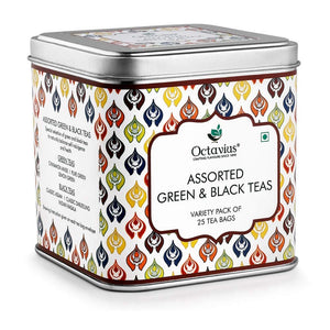 Octavius Tea Bag Gift Box Set | 6 Assorted Tea Flavors in Black & Green Teas In An Elegant Gift Box | 25 Enveloped Tea Bags | Diwali Gift Set For Family, Friends, Office Staff and Clients
