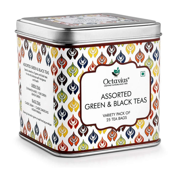 Octavius Tea Bag Gift Box Set | 6 Assorted Tea Flavors in Black & Green Teas In An Elegant Gift Box | 25 Enveloped Tea Bags | Diwali Gift Set For Family, Friends, Office Staff and Clients
