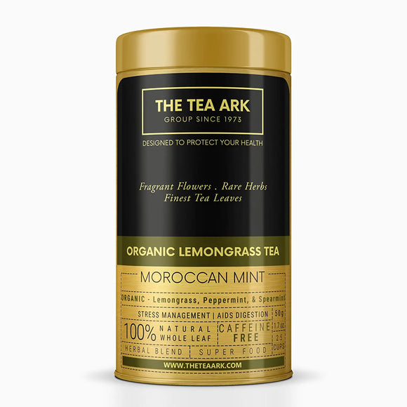 The Tea Ark Lemongrass Tea with Moroccan Mint (Spearmint) & Peppermint, Caffeine Free Herbal Tea, for Stress Relief, Daily Detox & Digestion Support (25 Cups), 50 Gms (Pouch Pack) (Tin)