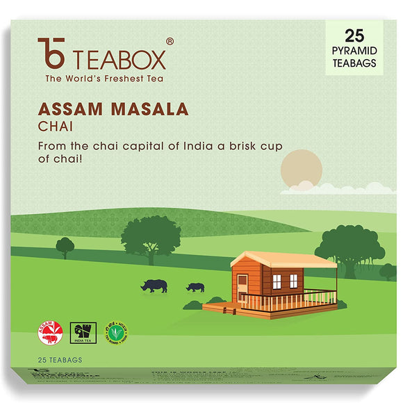 Teabox Assam Masala Chai 25 Tea Bags | Strong Assam CTC Tea enriched with Cardamom, Cinnamon, Clove, Ginger and Black Pepper