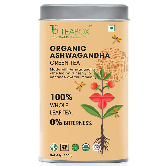 Teabox Ashwagandha Green Loose Leaves 100 Grams | For Immunity Boosting and Improved Memory | Made with 100% Whole Leaf, Natural Ashwagandha & Cardamom