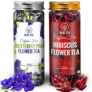BLUE TEA - Combo Pack, Blue Tea Butterfly Pea Flower Tea (25g) and Hibiscus Flower Tea ( 50 g) ll FARM PACKED ll Caffeine Free Herbal Tea - Non Toxic - GMO Free | Recyclable Food Grade PET Jar |
