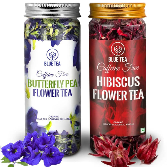 BLUE TEA - Combo Pack, Blue Tea Butterfly Pea Flower Tea (25g) and Hibiscus Flower Tea ( 50 g) ll FARM PACKED ll Caffeine Free Herbal Tea - Non Toxic - GMO Free | Recyclable Food Grade PET Jar |