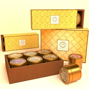The Tea Heaven | Diwali Gift - 6 Assorted Teas Gift Box, Set of 6 Unique Teas | Kashmiri Kahwa | Saffron Masala Chai | Lemongrass Green Tea | Mint Green Tea | Turmeric Herbal | Stress Relief (Lavender Tea) | Healthy Gift Pack | 200G