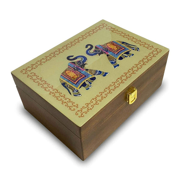Octavius Assortment of Fine Black & Green Teas - 90 Enveloped Teabags in Handcrafted Wooden Diwali Gift Box with Traditional Indian Elephant Pattern On The Lid|Gift Box For Family & Friend