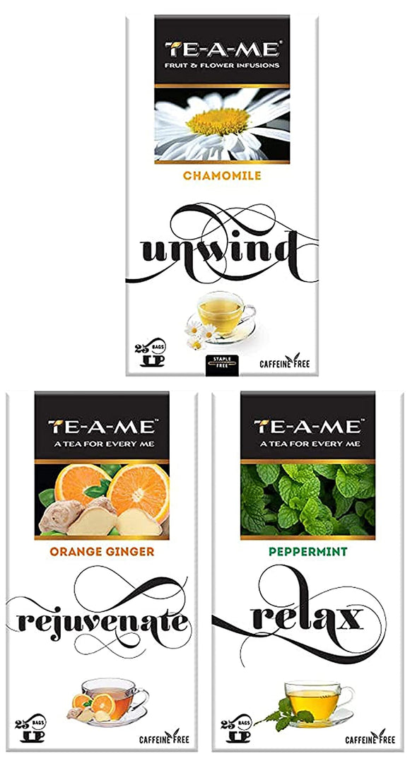 TE-A-ME Chamomile Infusion Tea, 25 Infusion Tea Bags (2 Flavored Bags Free) - Orange Ginger Herbal Infusion Tea, Pack of 25 Tea Bags - Peppermint Infusion, 25 Tea Bags (3 Flavored Bags Free)