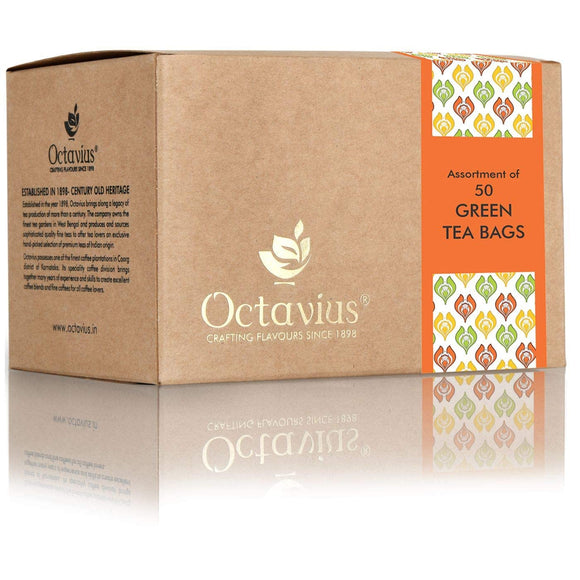 Octavius 3 Assorted Green Tea Flavors Pure Green, Lemon Green & Cinnamon Anise in Kraft Paper Box - 50 Teabags