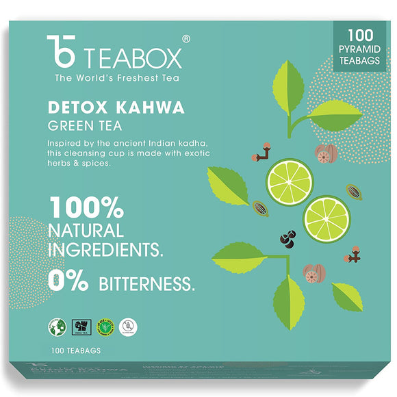 Teabox Detox Kahwa Green Tea Bags 100 pcs | For Natural Body Cleanse & Cold Relief | Made with 100% Indian Herbs & Spices