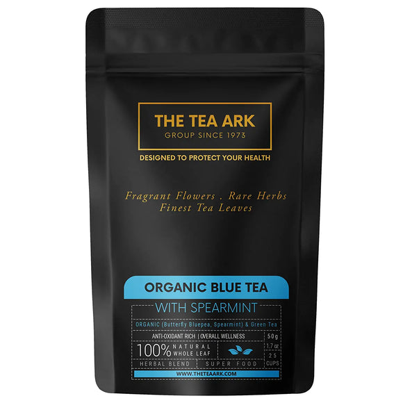 The Tea Ark Organic Blue Tea Butterfly Pea Flower & Spearmint with Natural Green Tea for Weight & Stress Management, Better Sleep, (25 Cups), 50 Gms (Pouch)