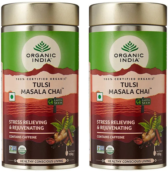 Organic India Tulsi Masala Chai 100 GM Tin- (Pack of 2)