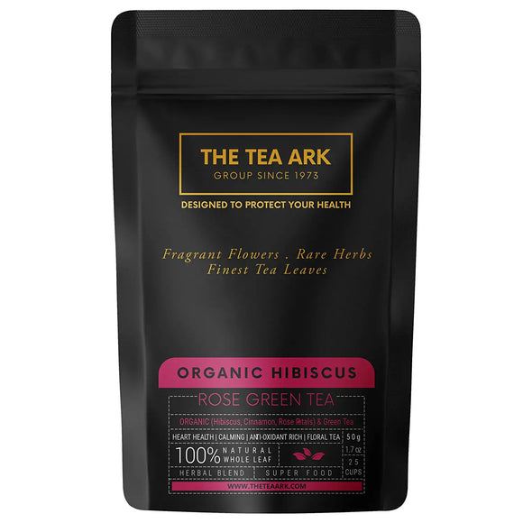 The Tea Ark Organic Hibiscus Tea, Cinnamon and Rose Petals, with Natural Green Tea, Powerful Antioxidant, Heart Health, Weight Management, Liver Health (25 Cups), 50 Gms (Pouch)