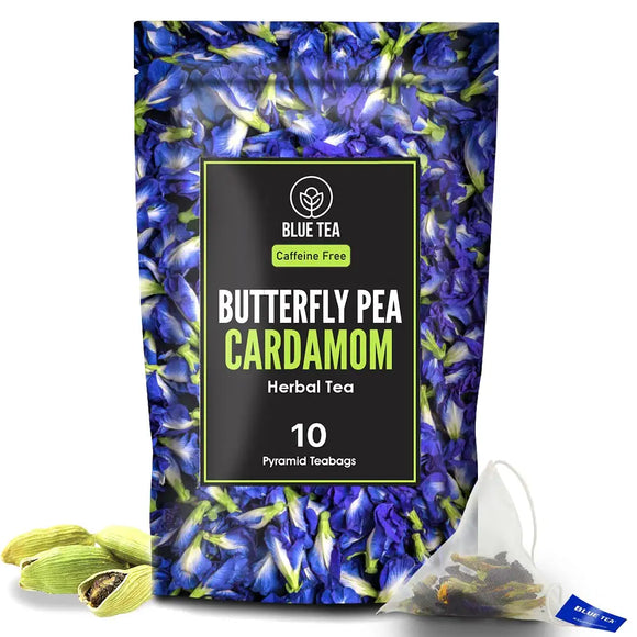 BLUE TEA - Butterfly Pea Cardamom Herbal Tea - 10 Pyramid Tea Bags | Premium Zipper Pack | Caffeine Free Herbal Tea |