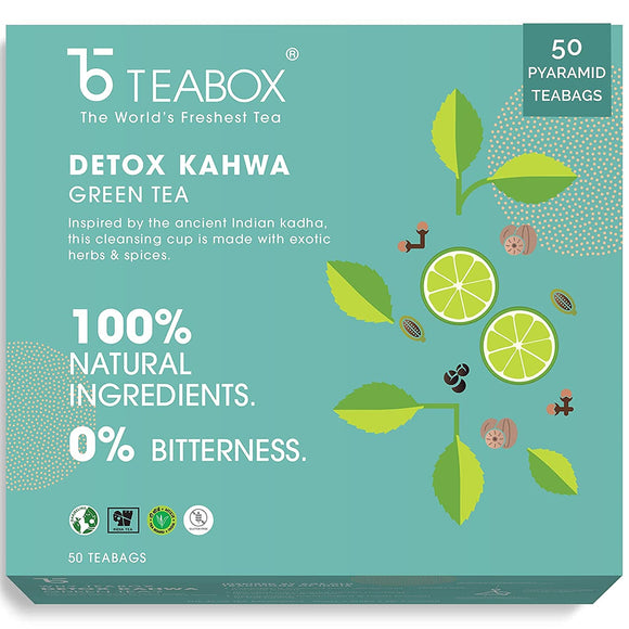 Teabox Fresh Detox Kahwa Green Tea Bags 50 pcs | For Natural Body Cleanse & Cold Relief | Made with 100% Indian Herbs & Spices