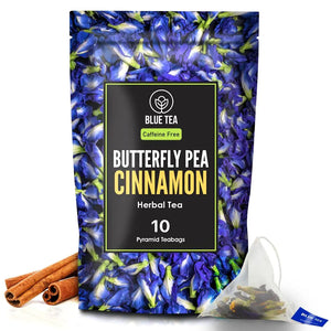 BLUE TEA - Butterfly Pea Cinnamon Herbal Tea - 10 Pyramid Tea Bags | Premium Zipper Pack | Caffeine Free - For Healthy Skin and Hair