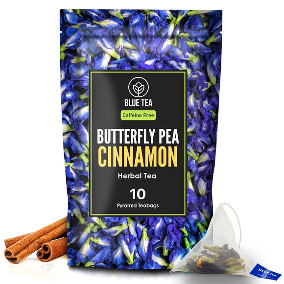 BLUE TEA - Butterfly Pea Cinnamon Herbal Tea - 10 Pyramid Tea Bags | Premium Zipper Pack | Caffeine Free - For Healthy Skin and Hair
