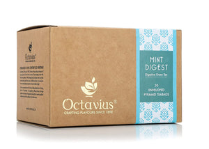 Octavius Mint Digest, Digestive Green Tea - 20 Enveloped Pyramid Tea Bags | Stress Relieving Mint Green Tea in Easy to Use Pyramid Teabags