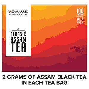 TE-A-ME Classic Assam Black Tea, 100 Tea Bags - 100% Natural Ingredients, Robust Flavour, Strong Chai | 2 Grams of Premium Black Assam Tea in Each Tea Bag