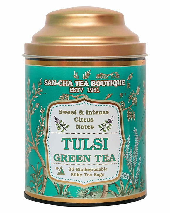 Sancha Tea Boutique Tulsi Green Tea Bags (Pack of 25), Pyramid Tea Bags, Sweet Citrus Aroma, Natural Detox Tea, Green Tea Immune, Low Bitterness, Zero Calories & Improves Metabolism