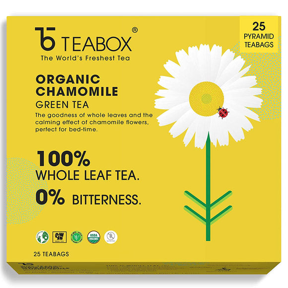 Teabox Chamomile Green Tea Bags 25 pcs | For Stress Relief & Good Sleep | Made with 100% Whole Leaf & Natural Chamomile Flowers