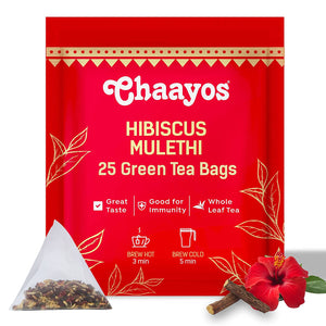 Chaayos Hibiscus Mulethi Green Tea - 25 Hibiscus Green Tea Bags | Hibiscus Flowers with Green Tea Leaves | Whole Leaf Tea | 100% Organic Green Tea | Detox Tea | Pyramid Tea Bags