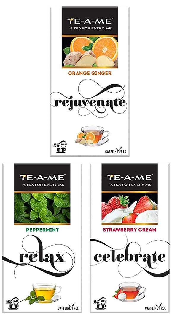 TE-A-ME Orange Ginger Herbal Infusion Tea, Pack of 25 Tea Bags - Peppermint Infusion, 25 Tea Bags (3 Flavored Bags Free) - Strawberry Cream Infusion, 25 Tea Bags (3 Flavored Bags Free)