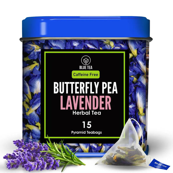 BLUE TEA - Butterfly Pea Flower Lavender | 15 Pyramid Tea Bags | Caffeine Free - Calming & Stress Relief | for Beverage | Non GMO - Premium Tin Pack - | for Gift | Non Toxic - Vegan |