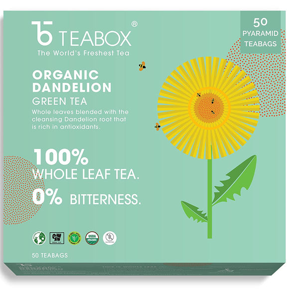 Teabox Dandelion Green Tea Bags 50 pcs | Made with 100% Whole Leaf & Natural Dandelion Roots | 2 Free Samples Included