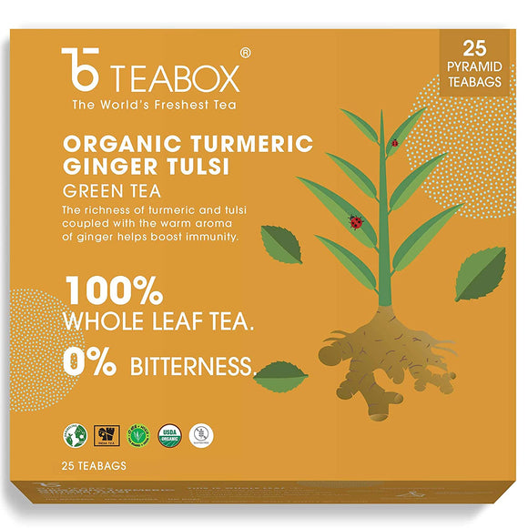 Teabox Organic Turmeric Ginger Tulsi Green Tea Bags 25 Pieces | For Immunity Boosting & Sore Throat Prevention | Made with 100% Whole Leaf, Natural Ginger, Turmeric & Tulsi | 2 Free Samples Included